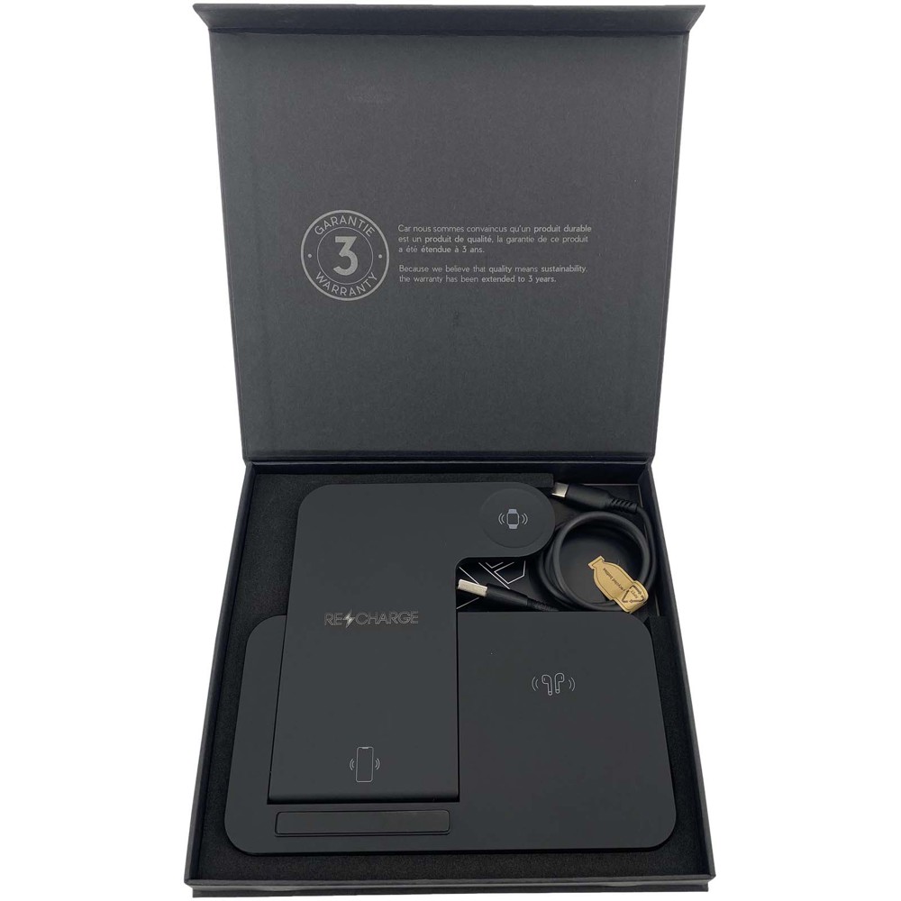 SCX.design W28 kabellose 3-in-1 Ladestation kabellos mit Telefonständer und Leuchtlogo