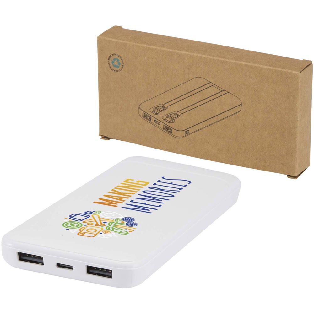 Adhil 10 W 10.000 mAh Powerbank aus recyceltem Kunststoff mit 2 integrierten Kabeln