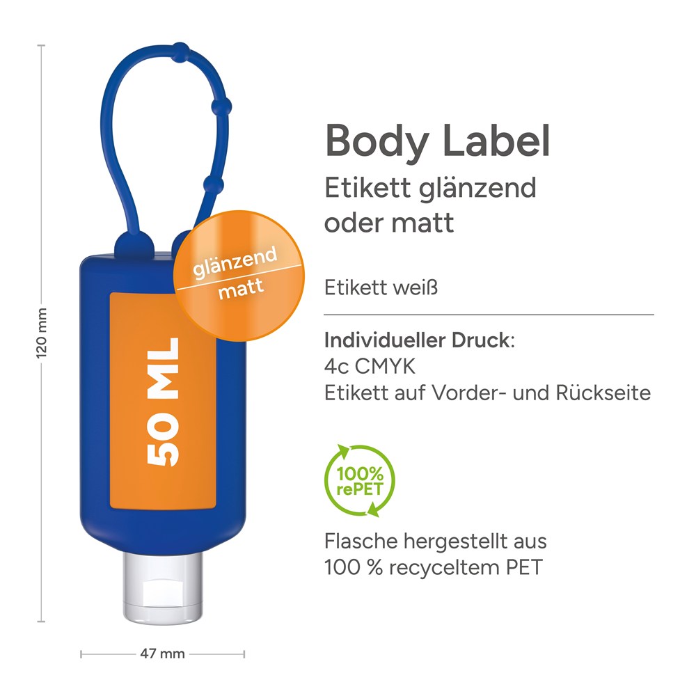 Hände-Desinfektionsgel (DIN EN 1500), 50 ml Bumper blau, Body Label (R-PET)