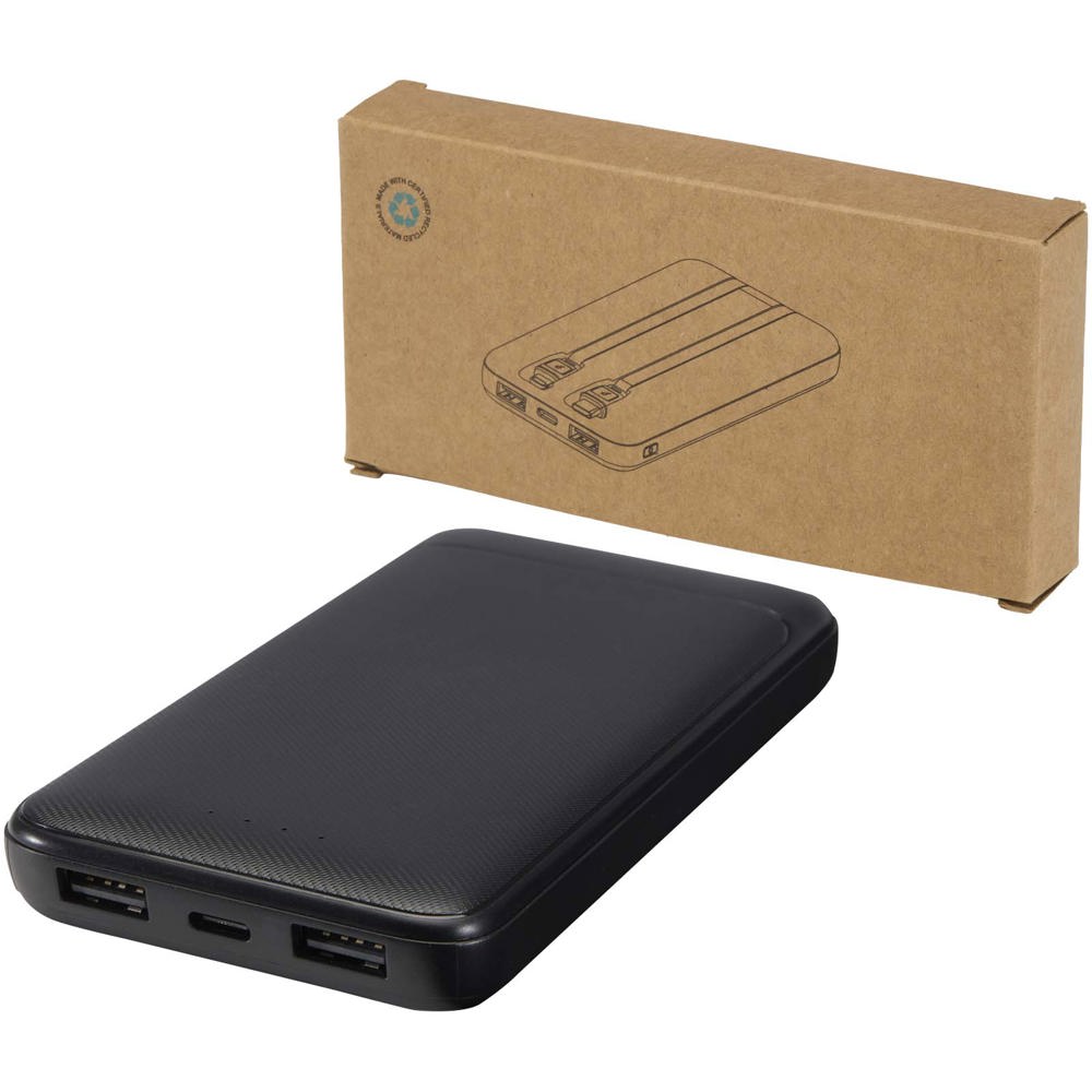 Adhil 10 W 10.000 mAh Powerbank aus recyceltem Kunststoff mit 2 integrierten Kabeln